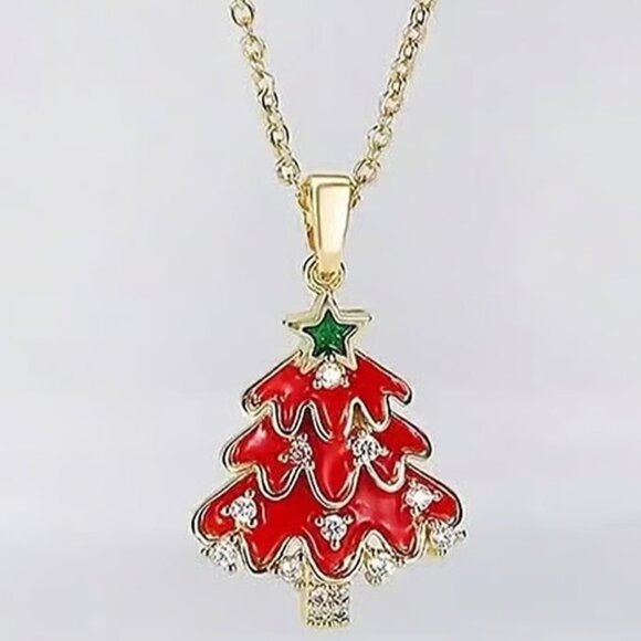 Gold Red CHRISTMAS TREE Pendant Necklace - Picture 1 of 4